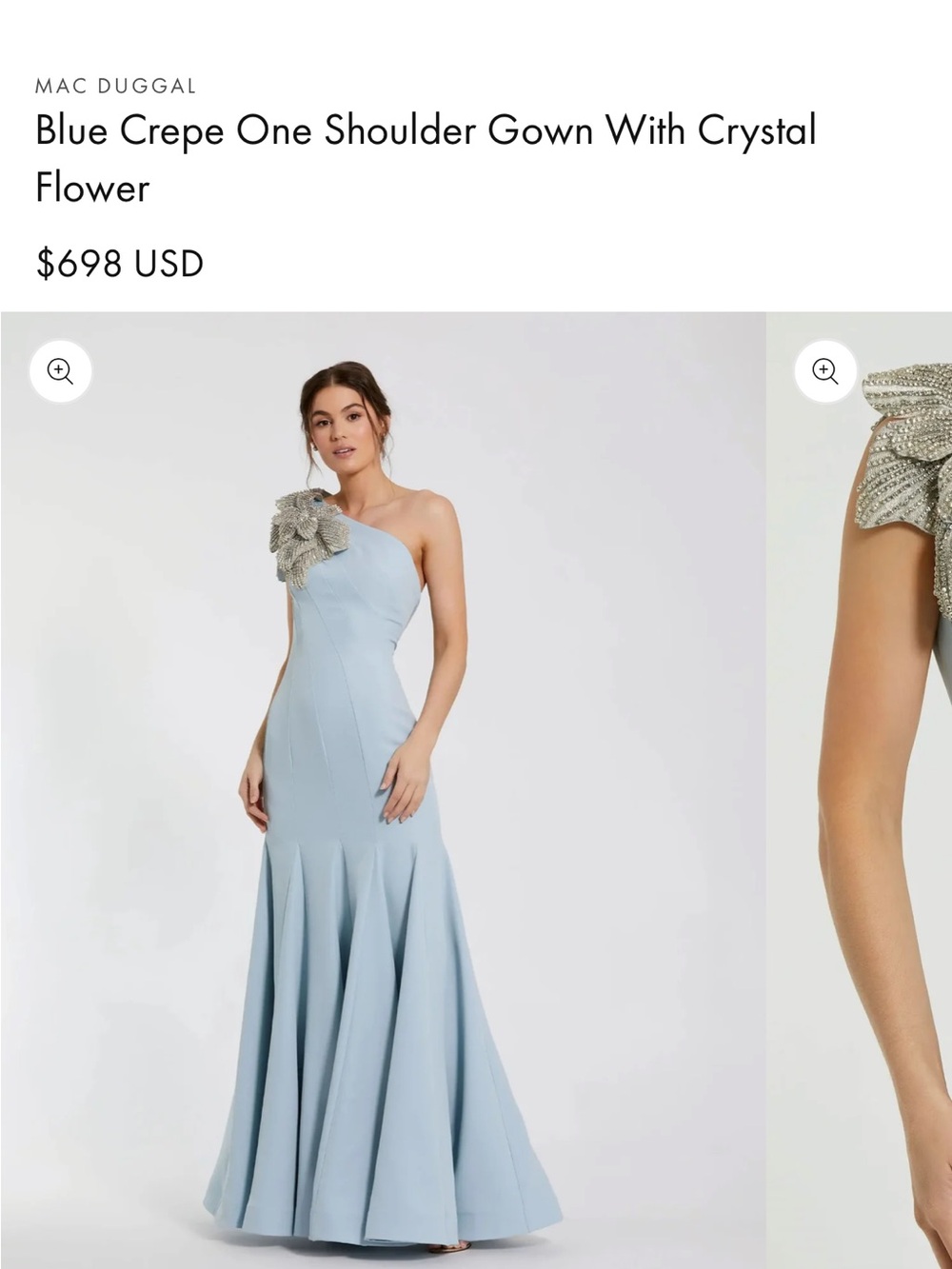 Mac Duggal Blue One-Shoulder Crepe Gown with Crystal Flower
